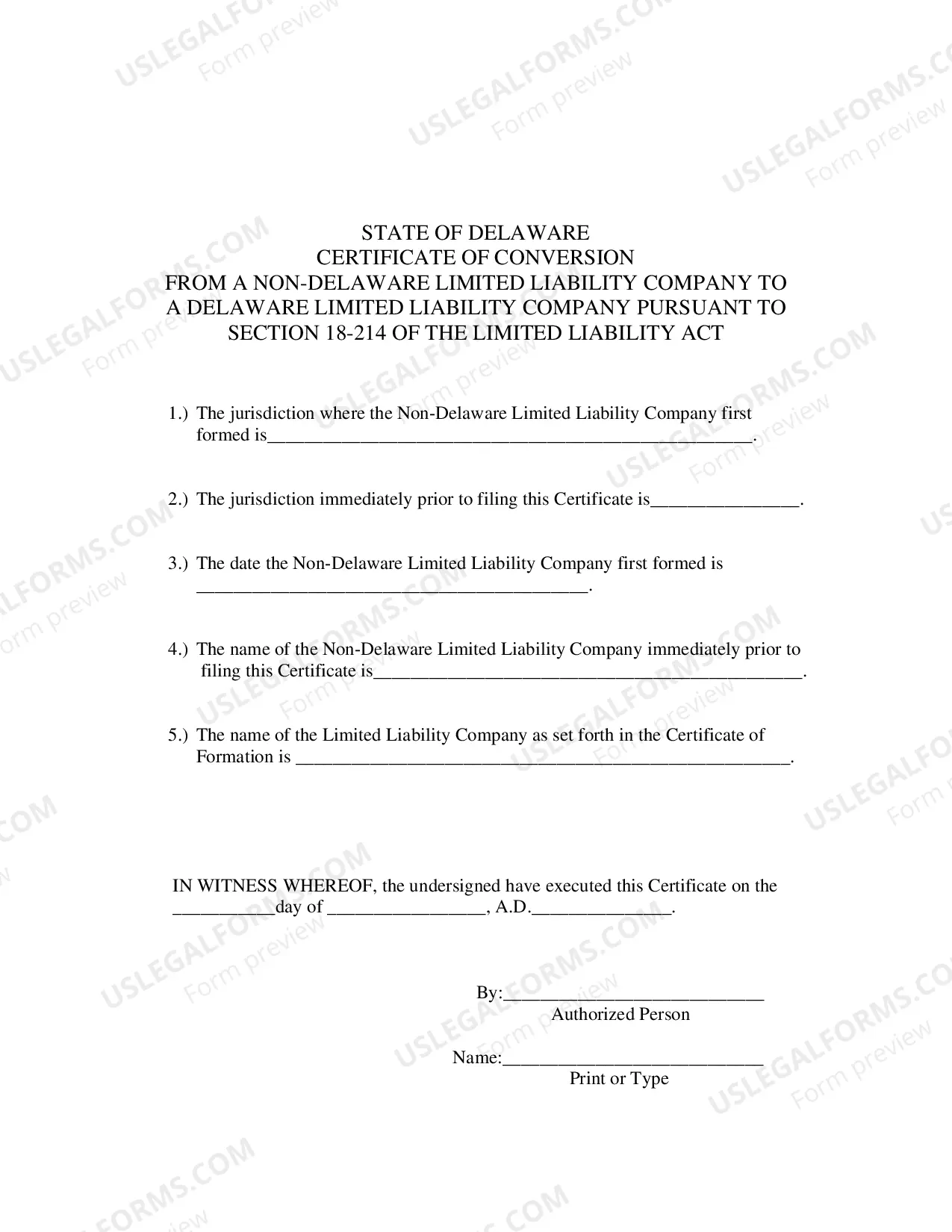 Preview Certificate of Conversion From A Non-Delaware Limited Liability Company To A Delaware Limited Liability Company