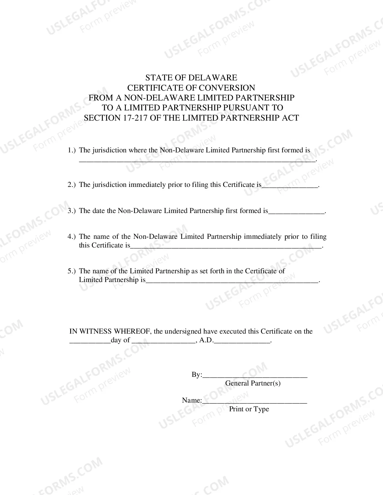 Preview Certificate of Conversion From A Non-Delaware Limited partnership To A Delaware Limited Partnership