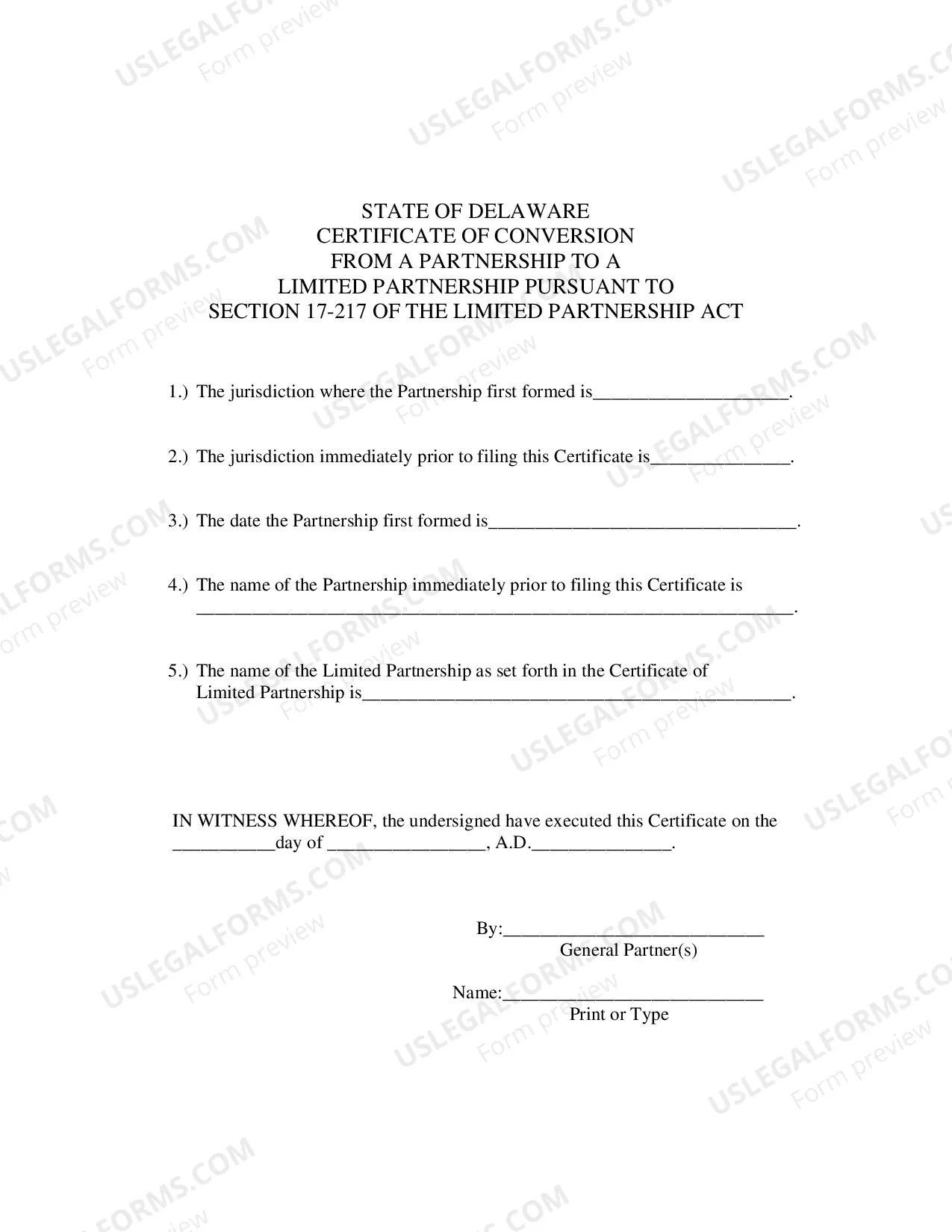 Preview Certificate of Conversion From Partnership To Limited Partnership