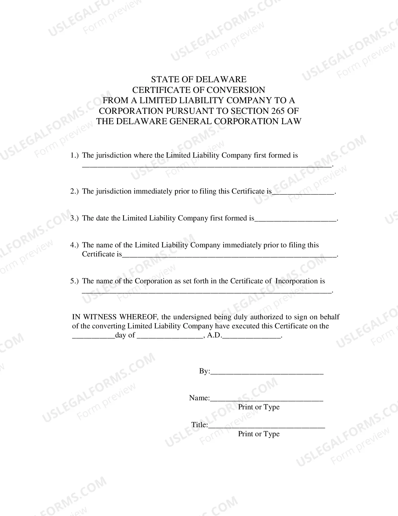 Preview Certificate of Conversion From Limited Liability Company To Corporation