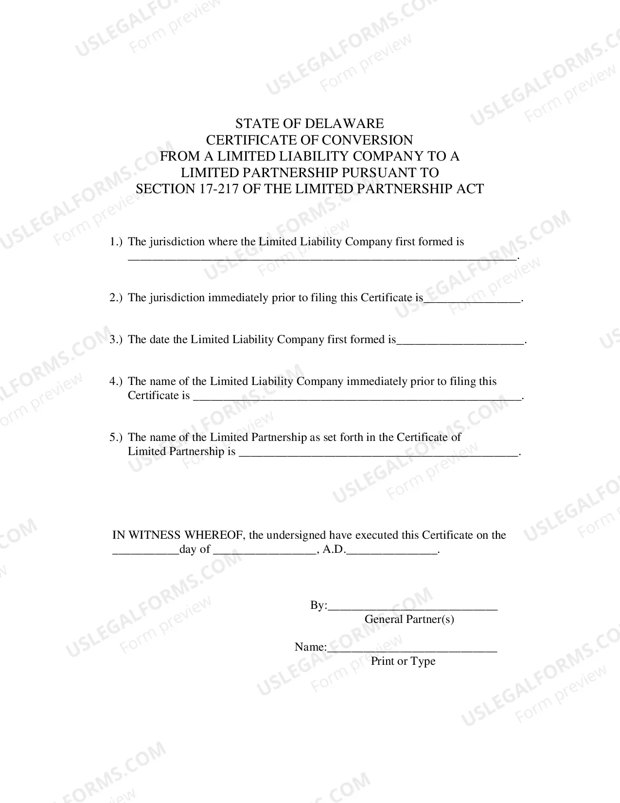 Preview Certificate of Conversion From Limited Liability Company To Limited Partnership