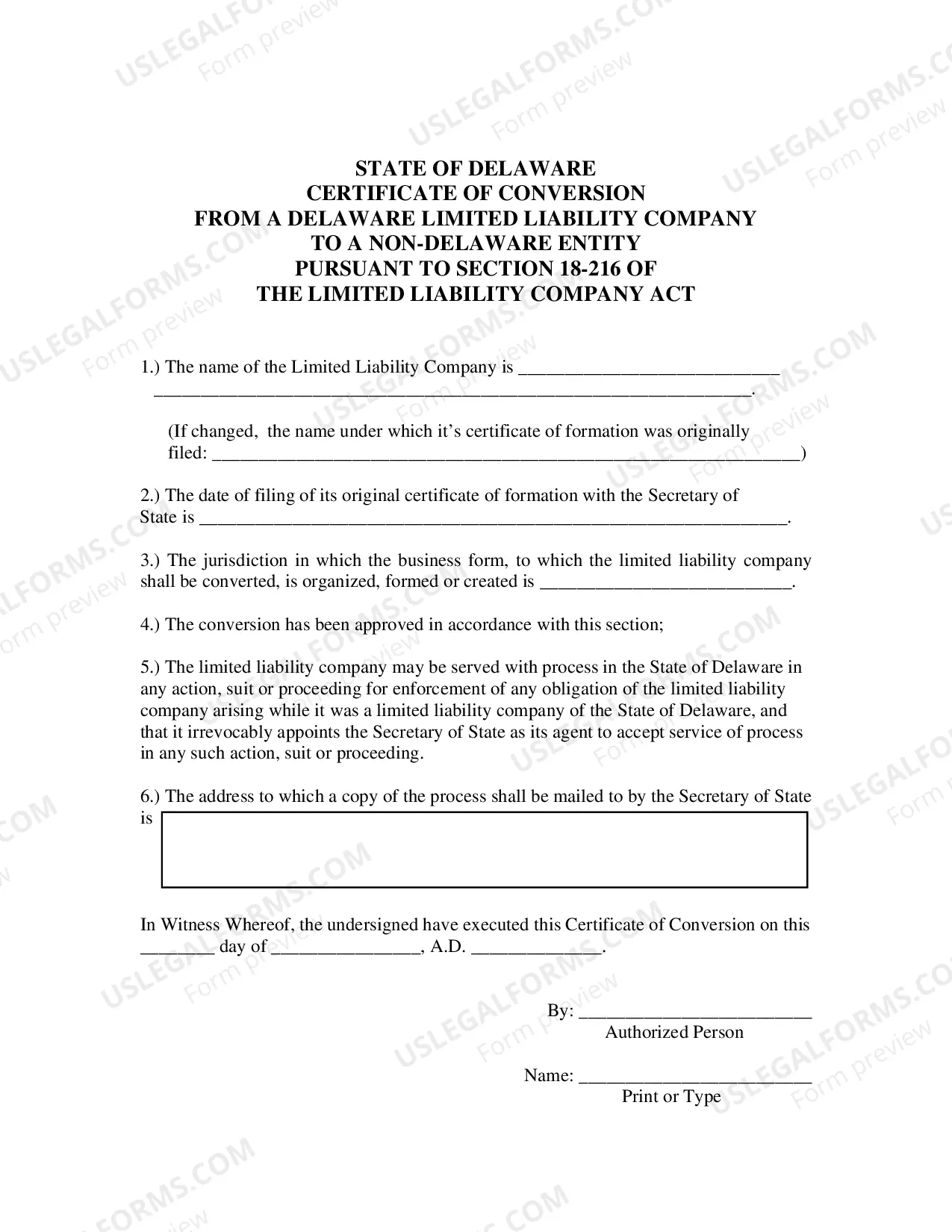 Preview Certificate of Conversion From Limited Liability Company To Non-Delaware Entity