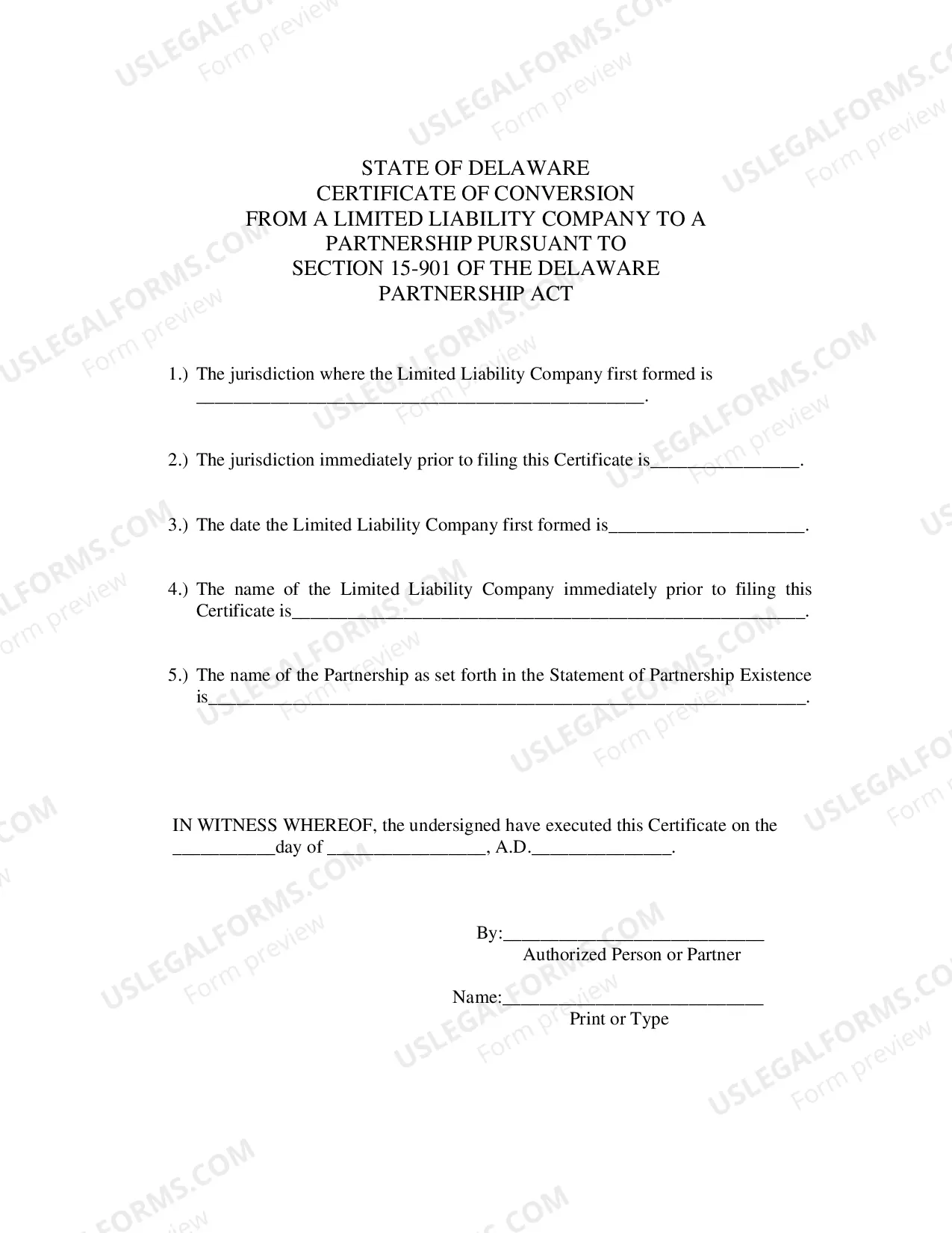 Preview Certificate of Conversion From Limited Liability Company To Partnership