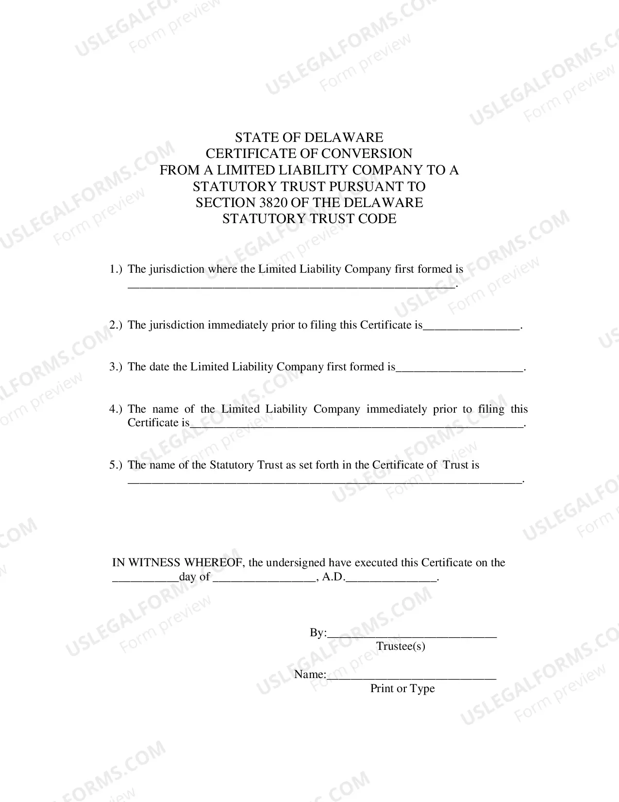 Preview Certificate of Conversion From Limited Liability Company To Statutory Trust