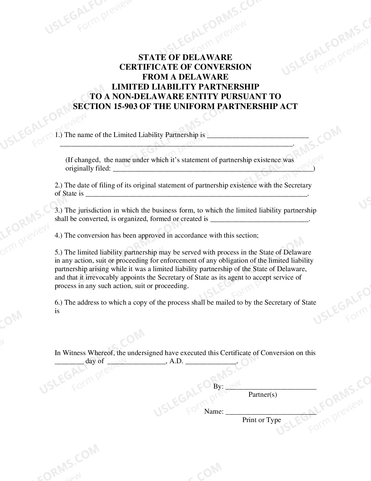 Preview Certificate of Conversion From Limited Liability Partnership To Non-Delaware Entity