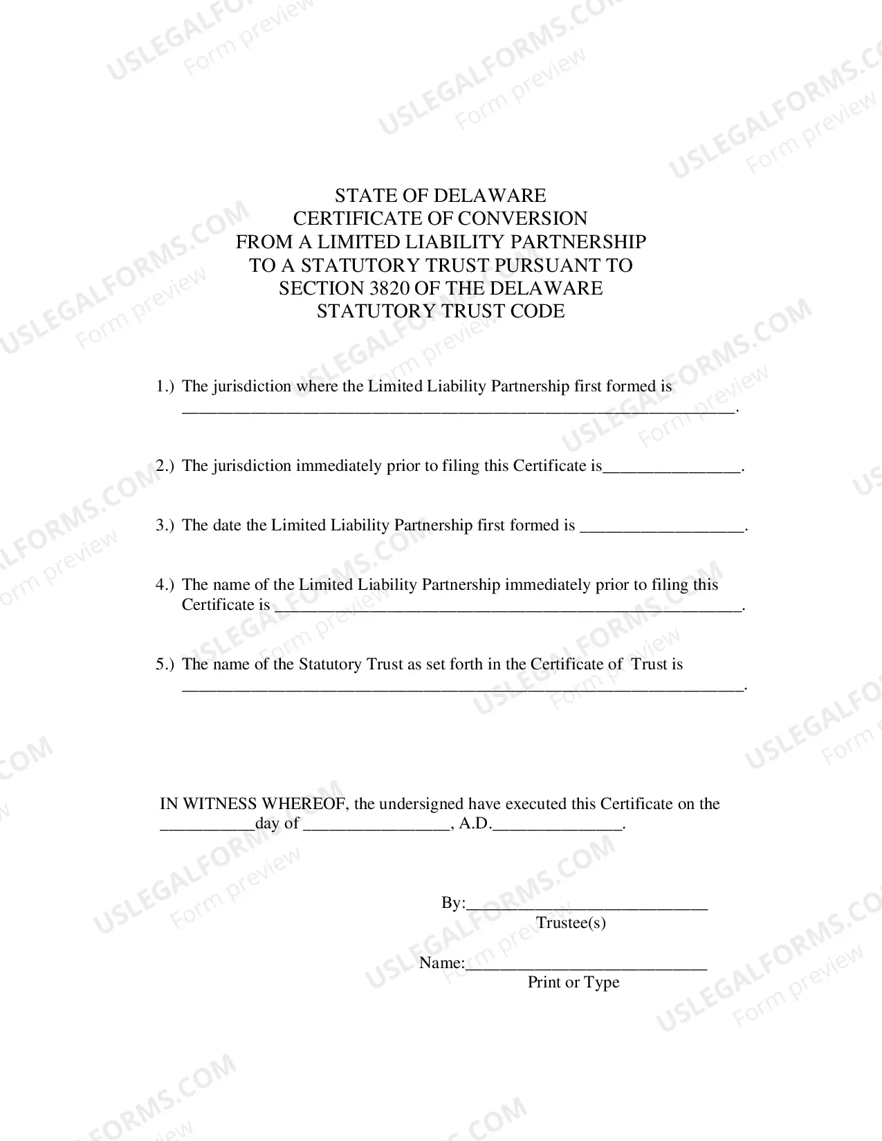 Preview Certificate of Conversion From Limited Liability Partnership To Statutory Trust