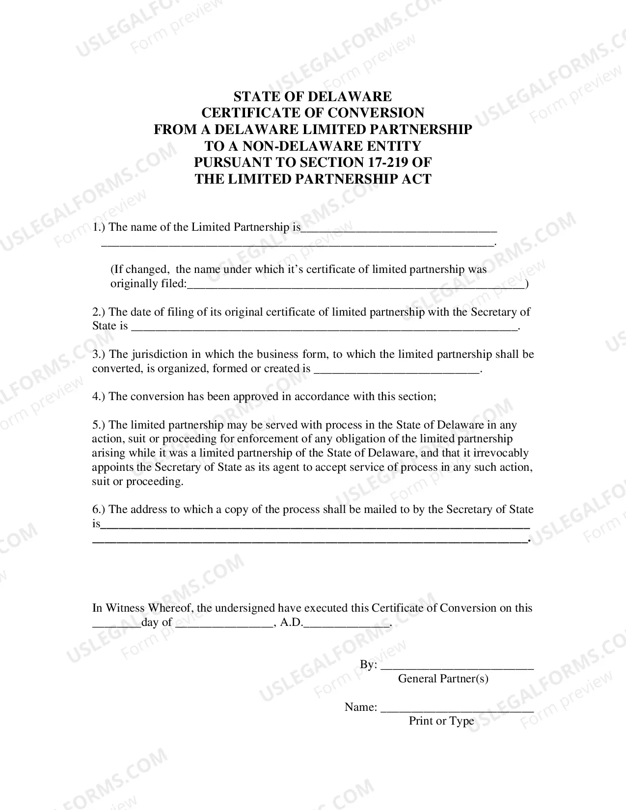 Preview Certificate of Conversion From Limited Partnership To Non-Delaware Entity