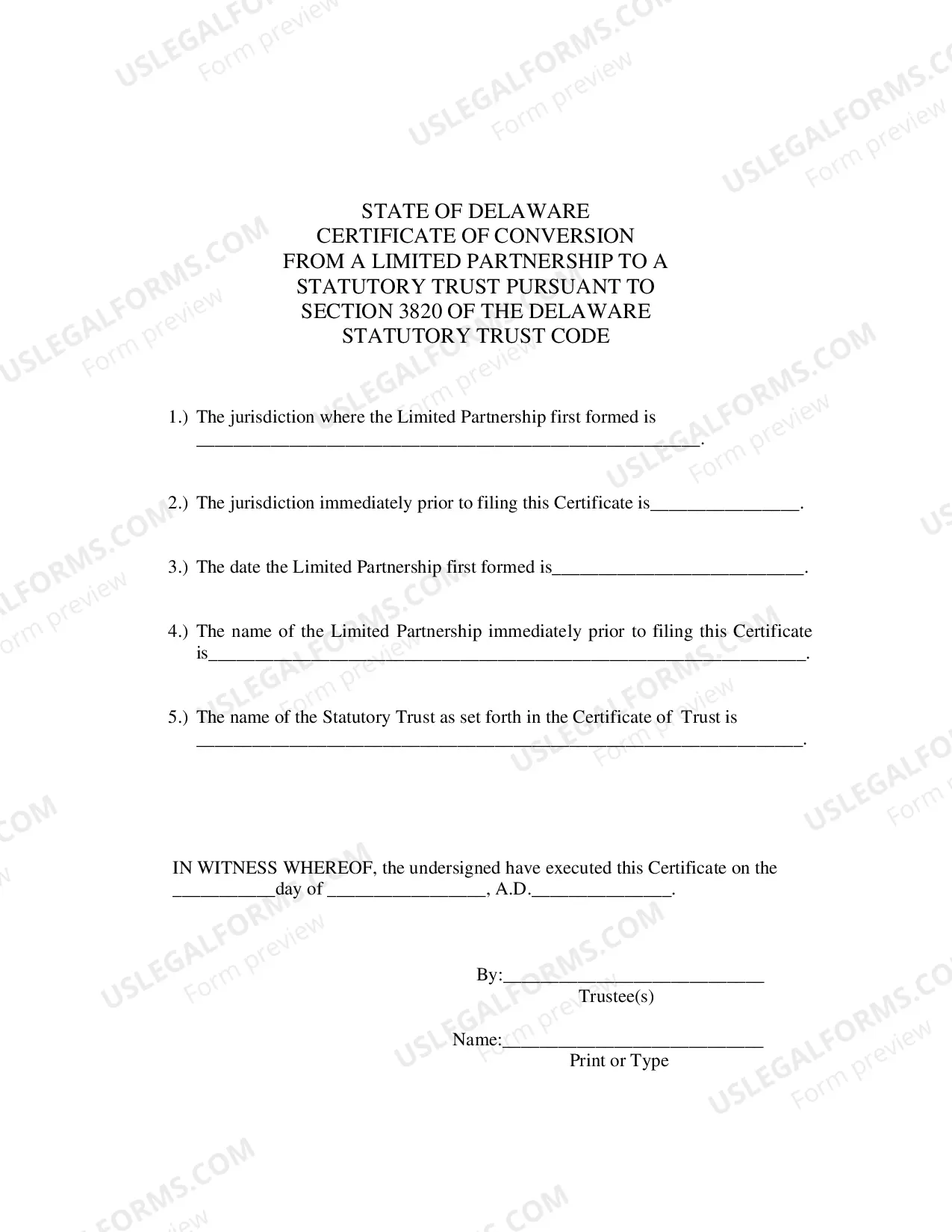 Preview Certificate of Conversion From Limited Partnership To Statutory Trust