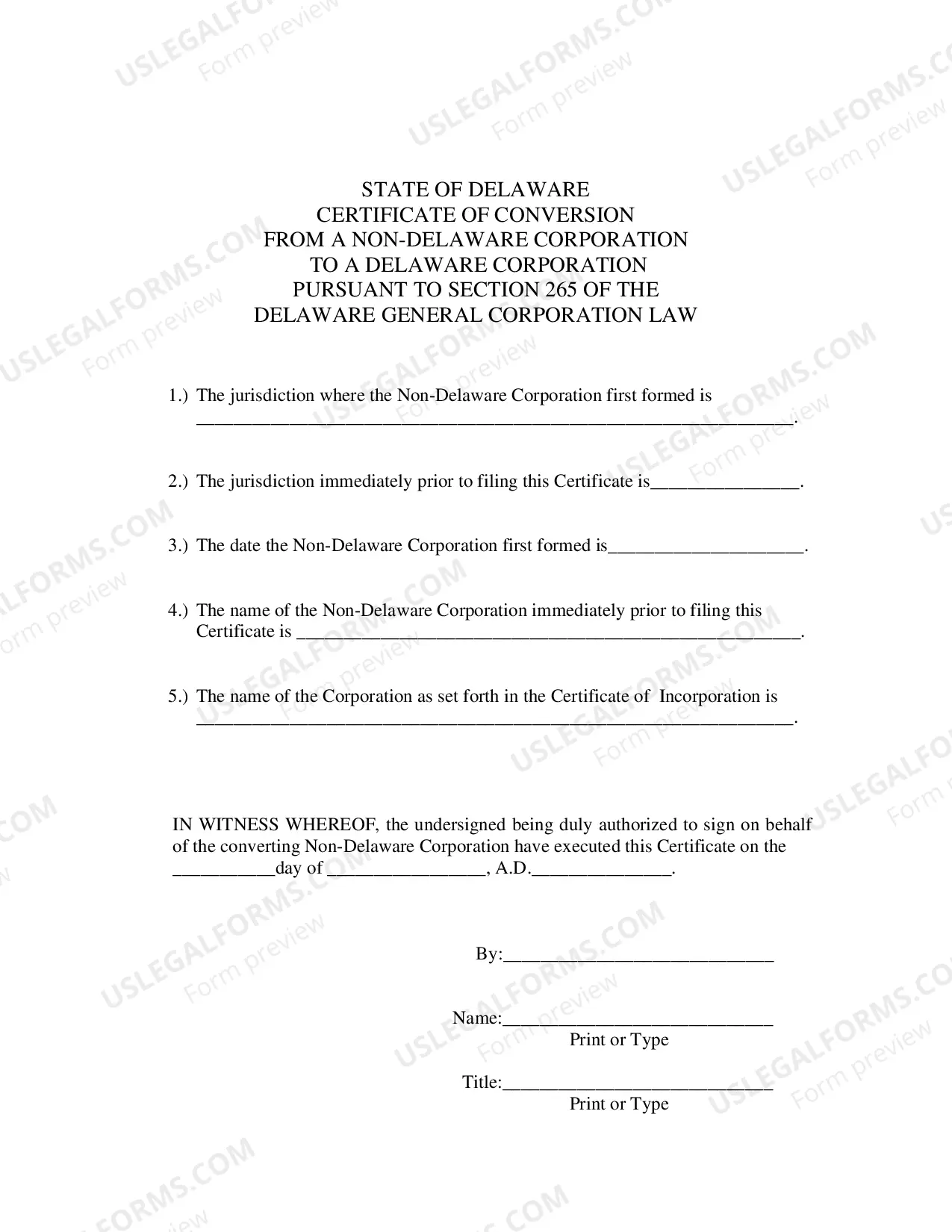 Preview Certificate of Conversion From Non-Delaware Corporation To Delaware Corporation