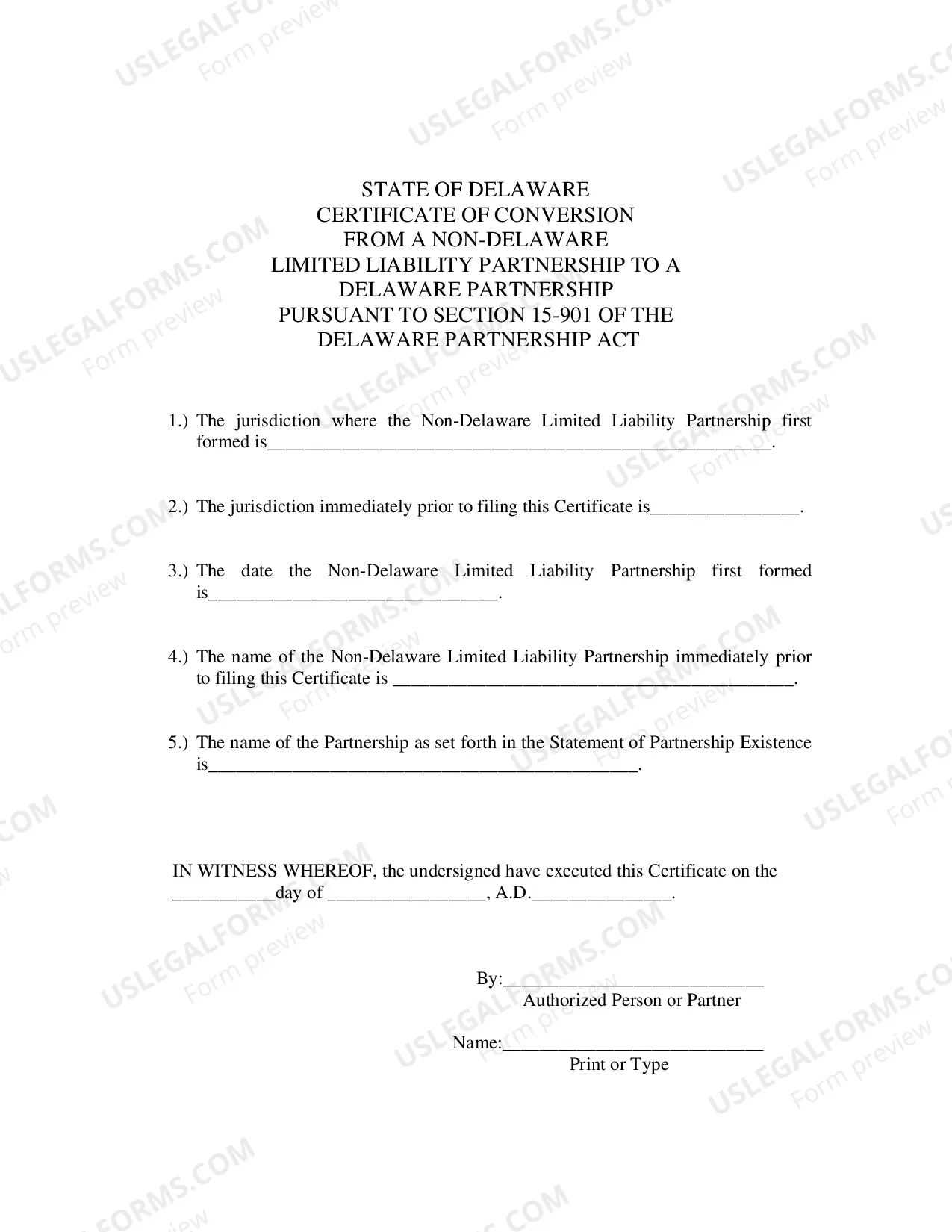 Preview Certificate of Conversion From Non-Delaware Limited Liability Partnership To Delaware Partnership