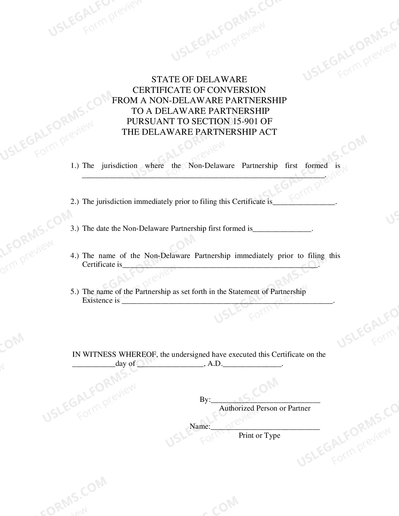 Preview Certificate of Conversion From Non-Delaware Partnership To Delaware Partnership