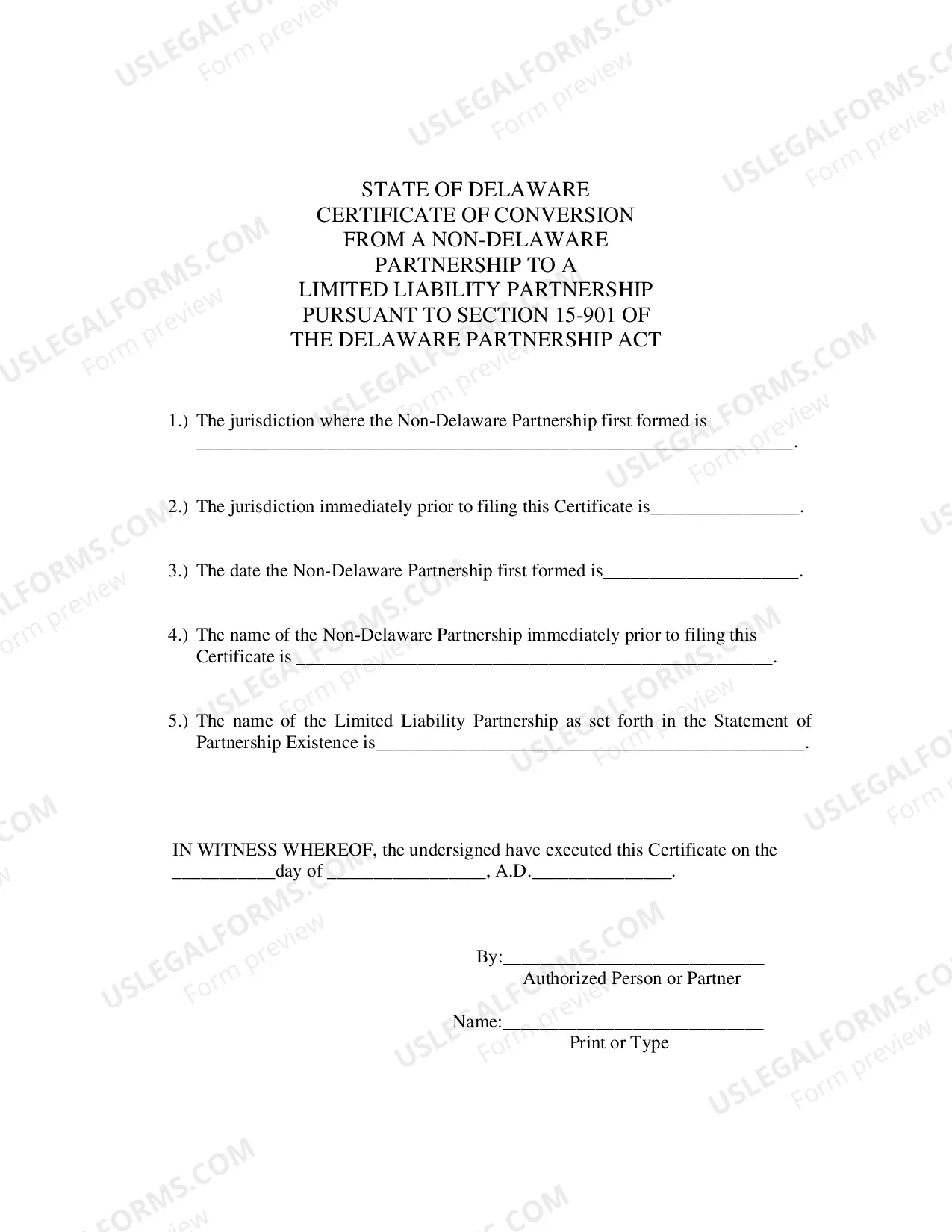Preview Certificate of Conversion From Non-Delaware Partnership To Limited Liability Partnership