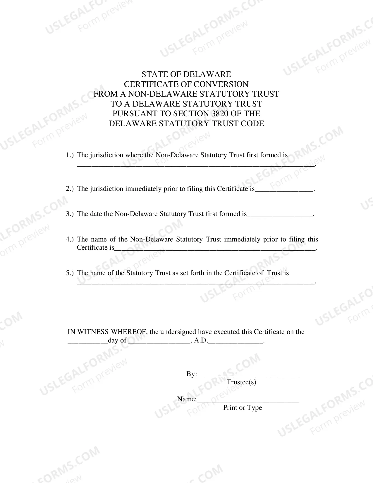 Preview Certificate of Conversion From Non-Delaware Statutory Trust To Delaware Statutory Trust