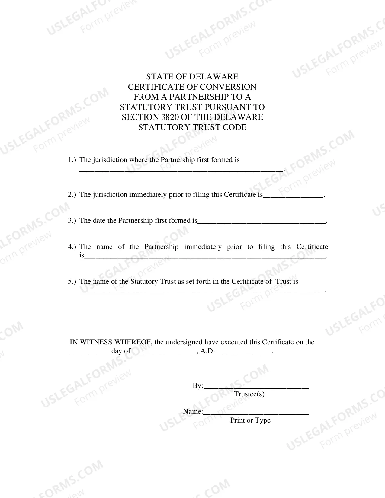 Preview Certificate of Conversion From Partnership To Statutory Trust