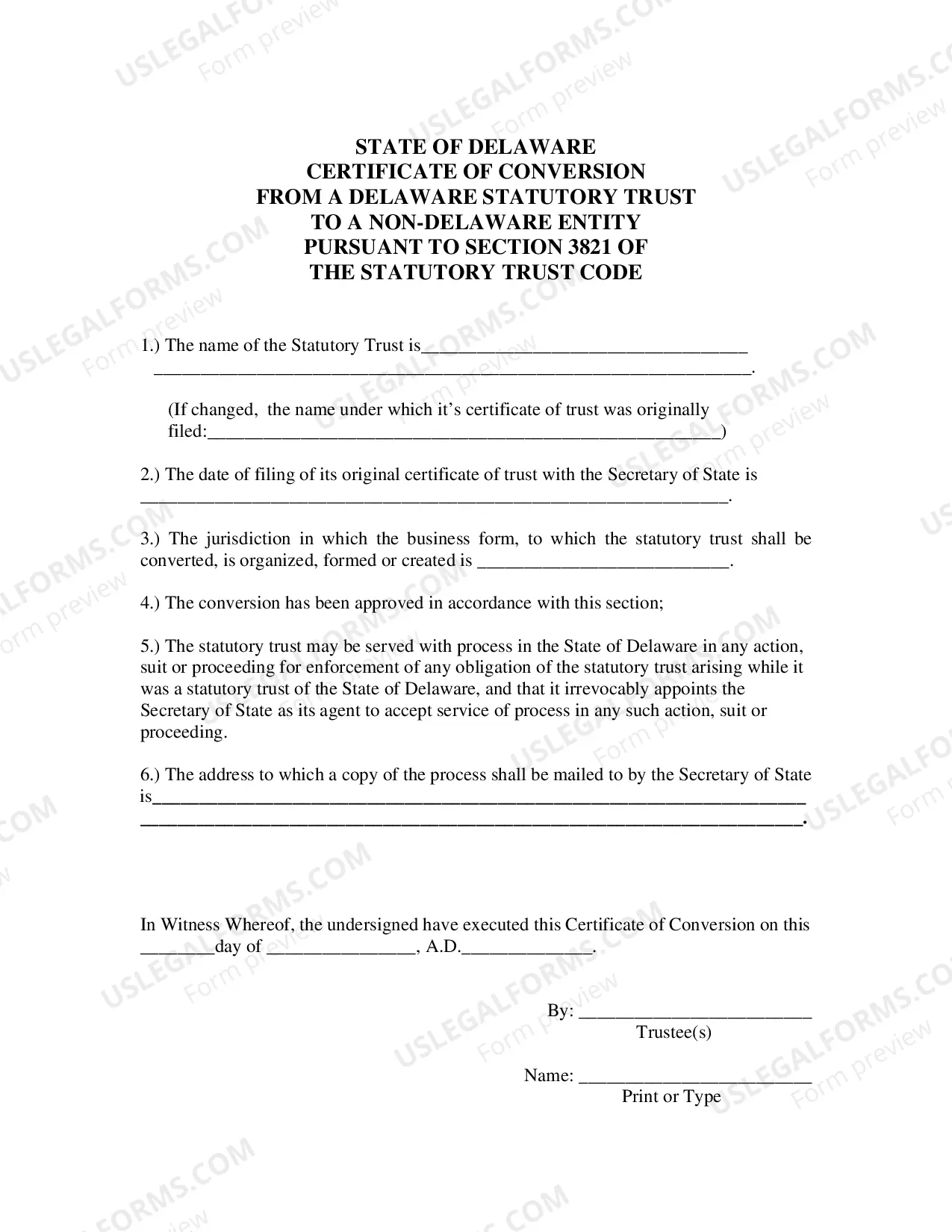 Preview Certificate of Conversion From Statutory Trust To Non-Delaware Entity