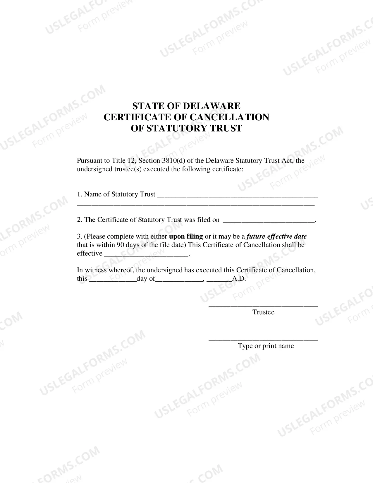 Preview Certificate of Cancellationof Statutory Trust