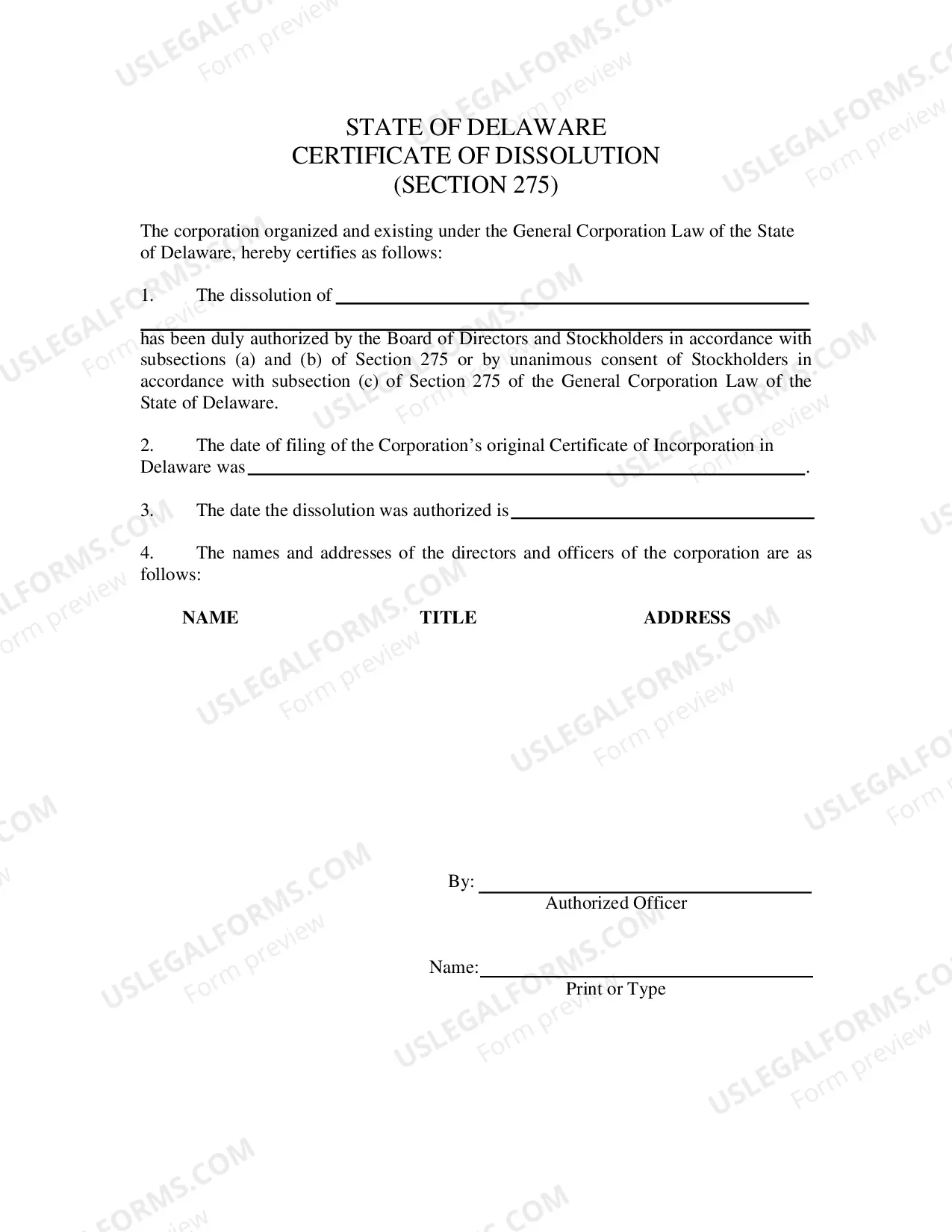 Preview Certificate of Dissolution (Stock Corporation)