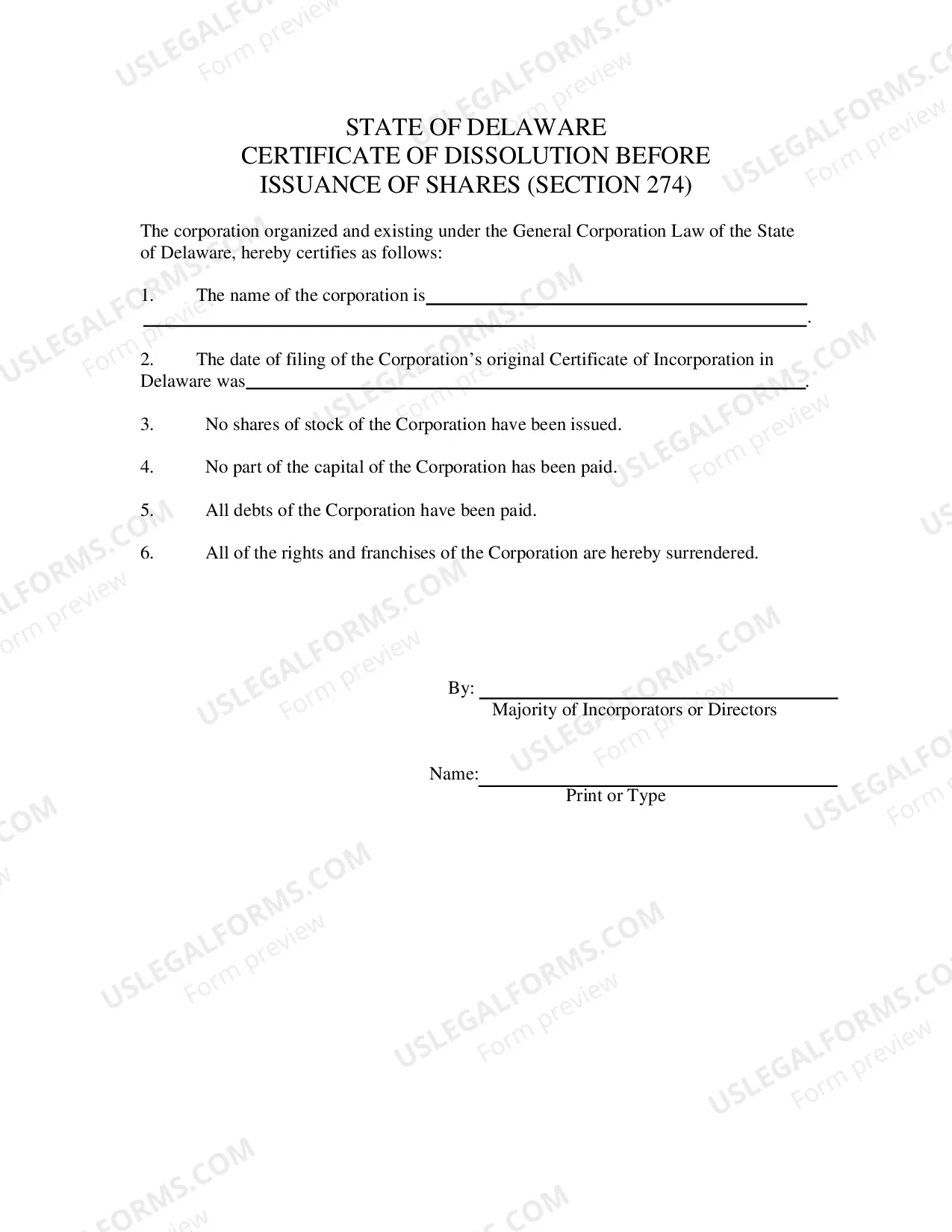 Preview Dissolution - Section 274 - before issuance of shares