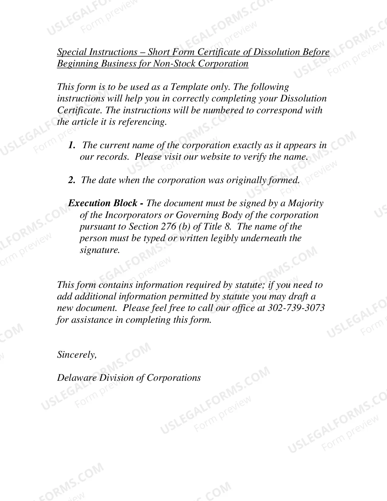 Preview Short Form Certificate of Dissolution (Before Beginning Business-Non Stock Corporation)