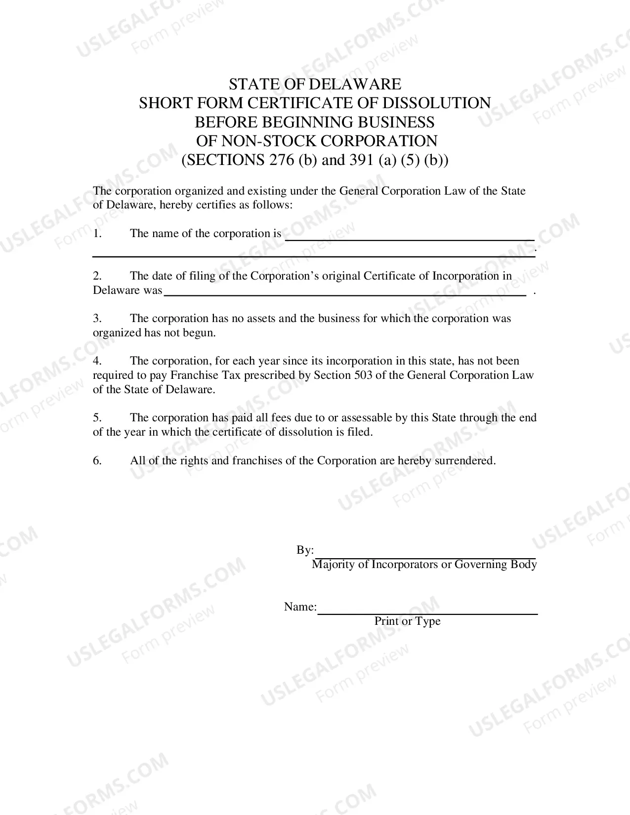 Preview Short Form Certificate of Dissolution (Before Beginning Business-Non Stock Corporation)