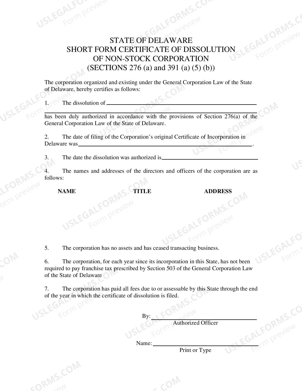 Preview Short Form Certificate of Dissolution (Non Stock Corporation)