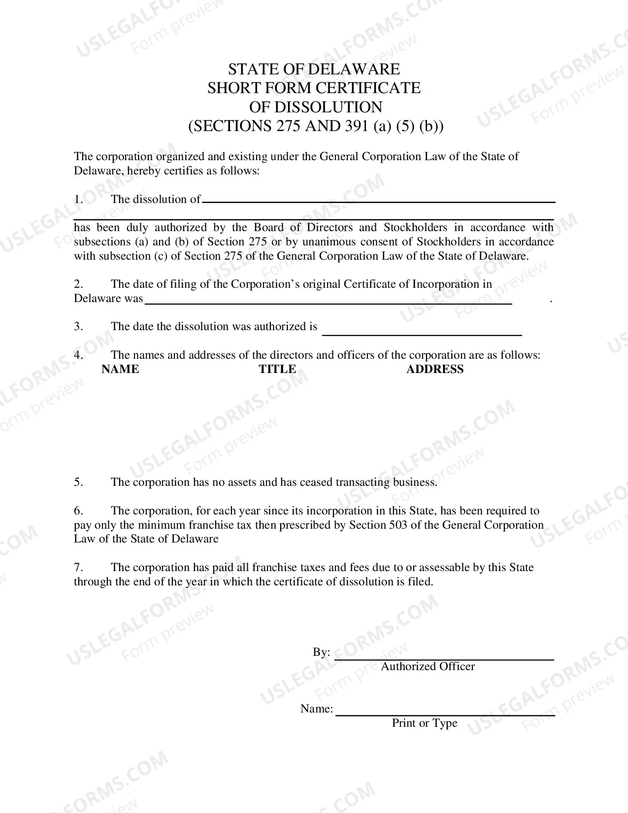 Preview Short Form Certificate of Dissolution (Stock Corporation)