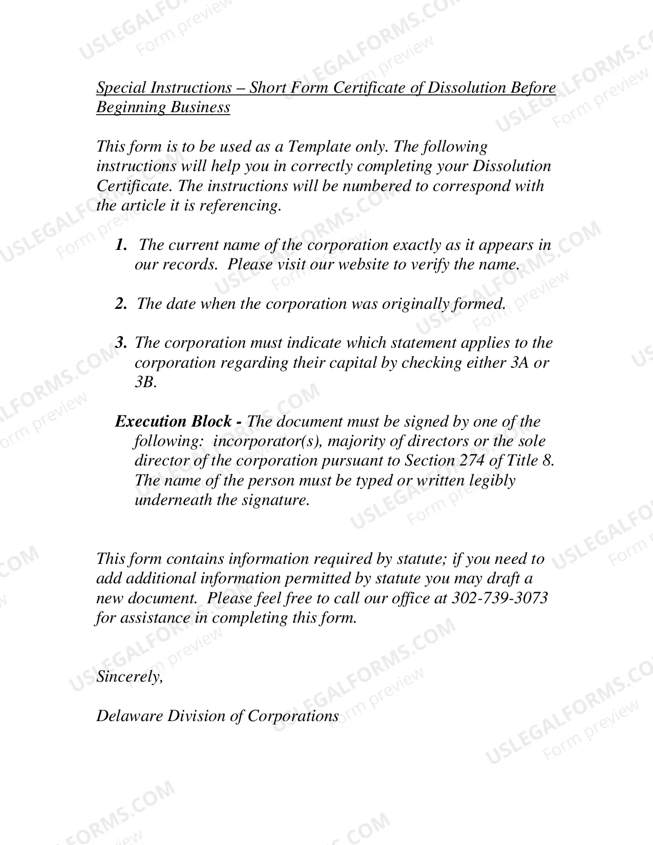 Preview Dissolution - Section 274 - before beginning of business - Short Form