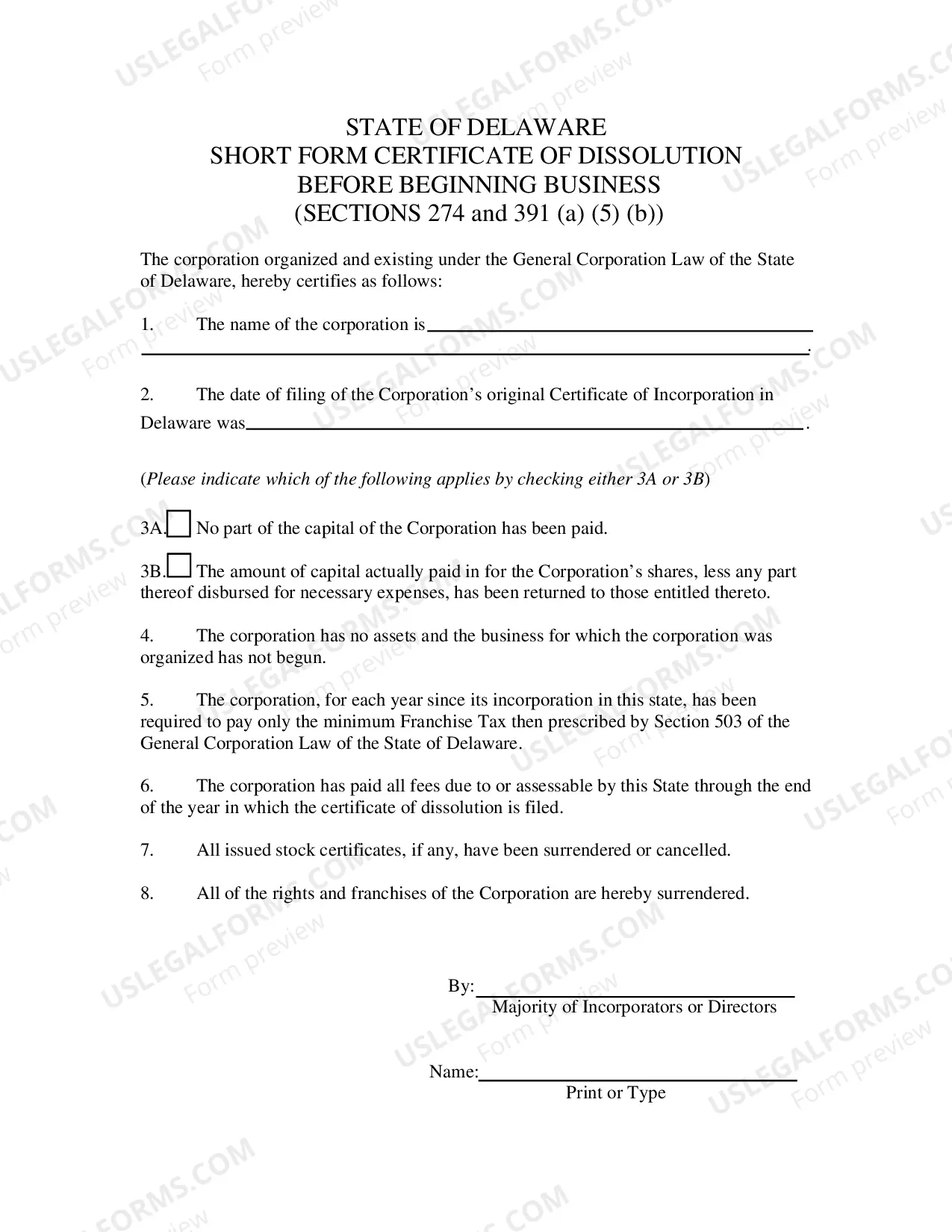 Preview Dissolution - Section 274 - before beginning of business - Short Form