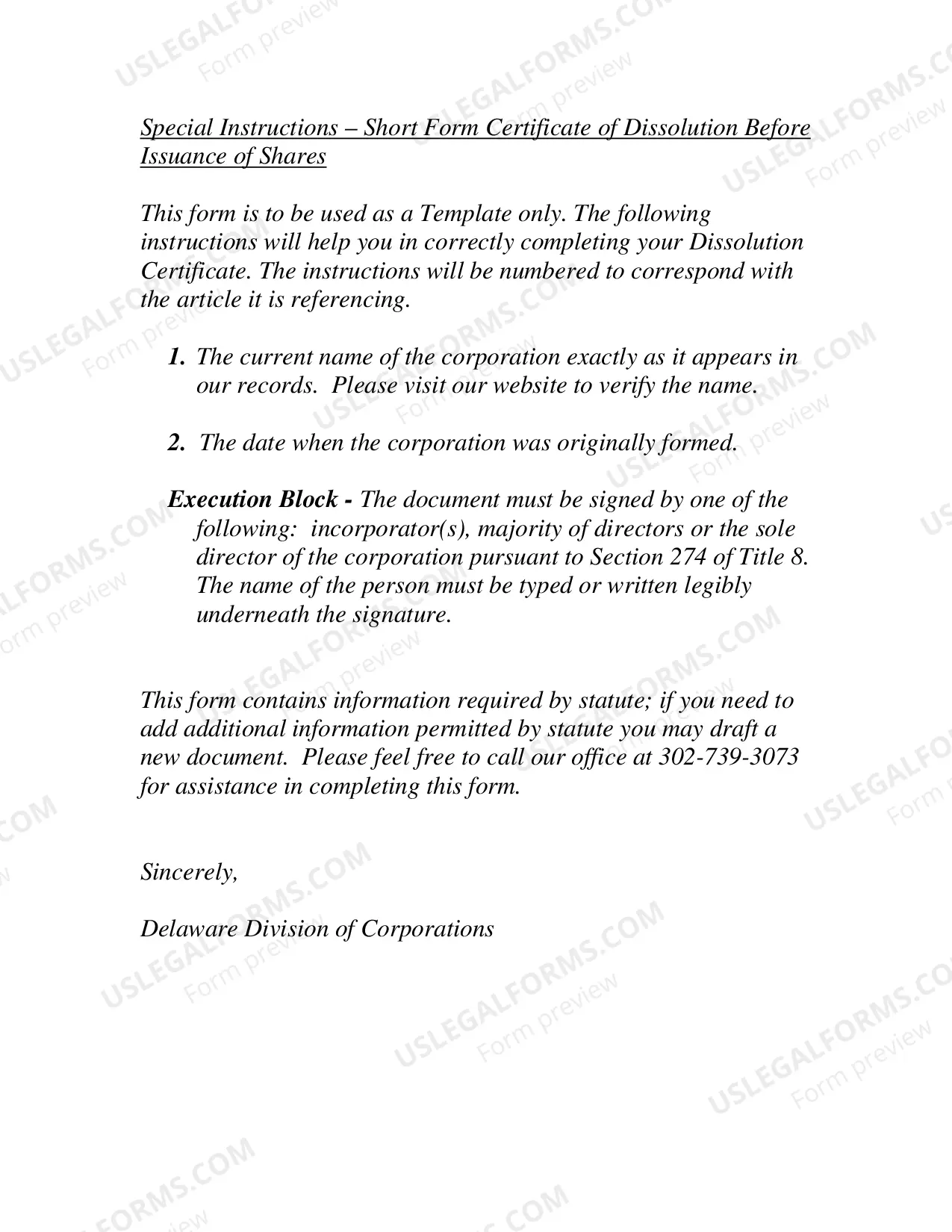 Preview Dissolution - Section 274 - before issuance of shares - Short Form
