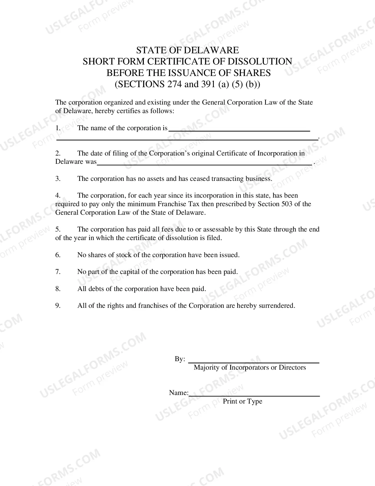 Preview Dissolution - Section 274 - before issuance of shares - Short Form