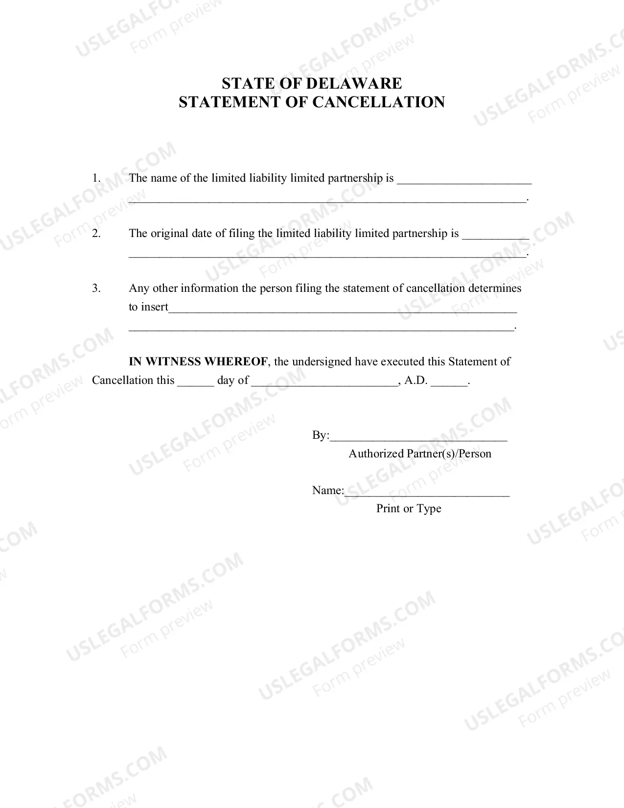 Preview Statement of Cancellation ofLimited Liability Limited Partnership