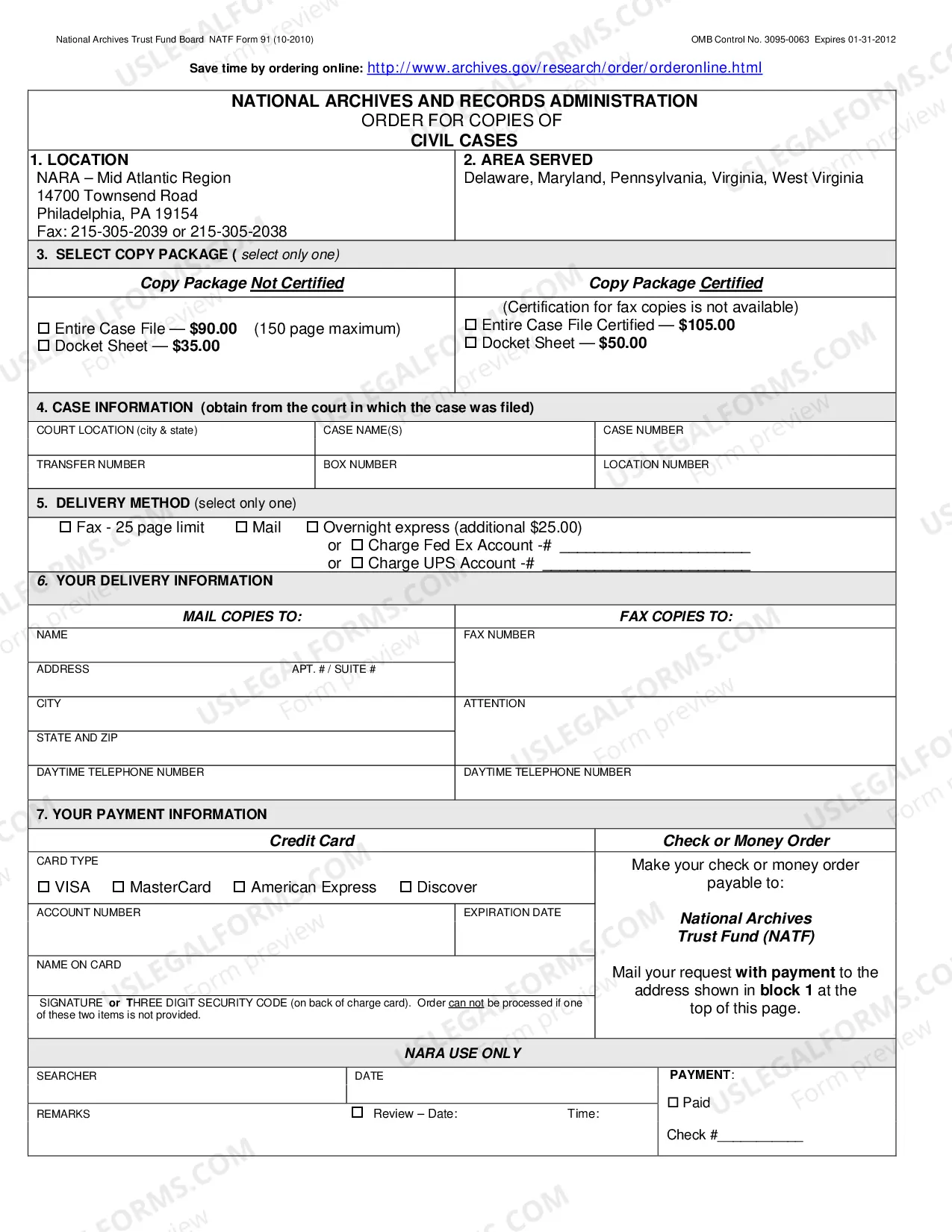 Preview National Archives and Records Administration - Order for Civil Case
