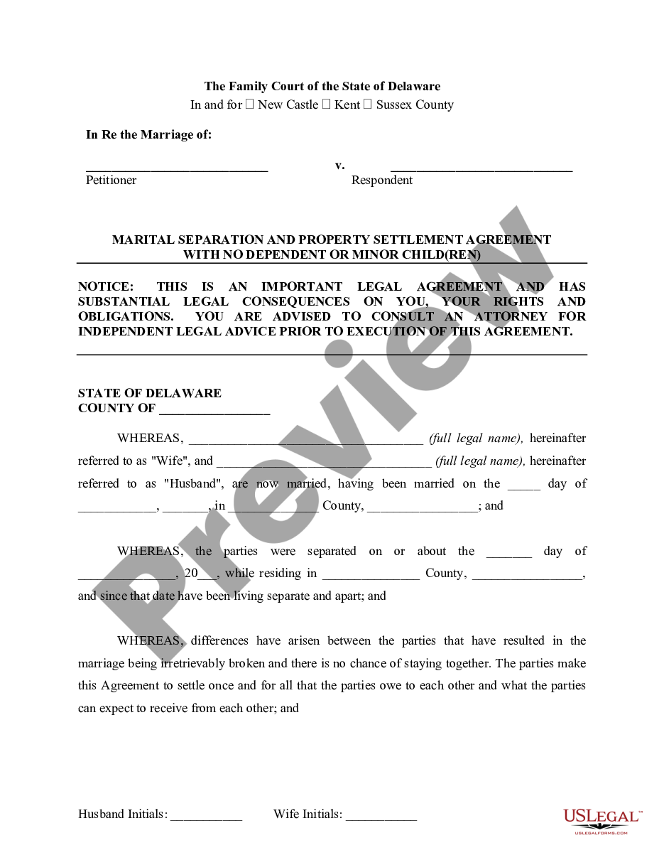 page 1 Marital Legal Separation and Property Settlement Agreement for persons with No Children, No Joint Property or Debts where Divorce Action Filed preview