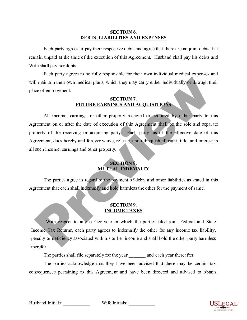 page 6 Marital Legal Separation and Property Settlement Agreement for persons with No Children, No Joint Property or Debts where Divorce Action Filed preview