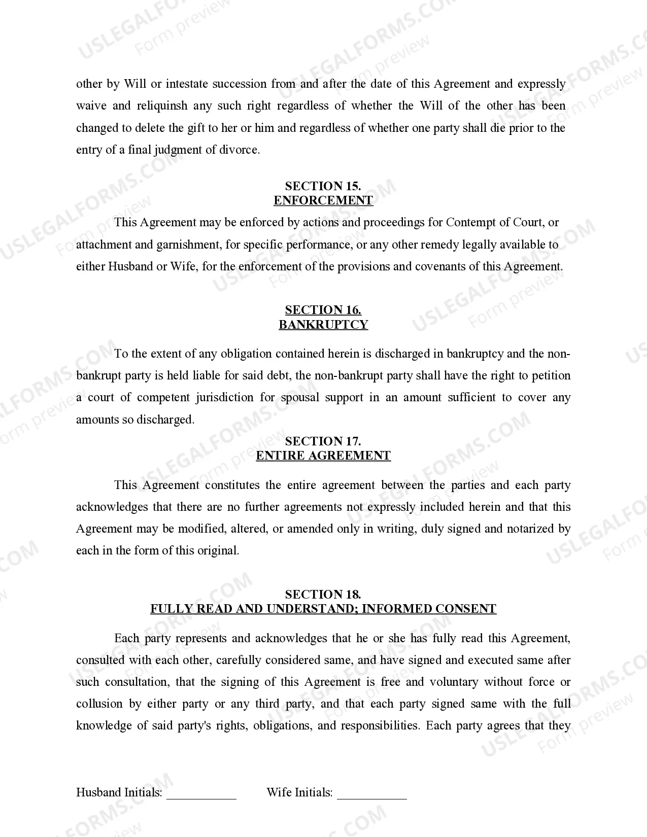 Preview Marital Legal Separation and Property Settlement Agreement for persons with No Children, No Joint Property or Debts where Divorce Action Filed