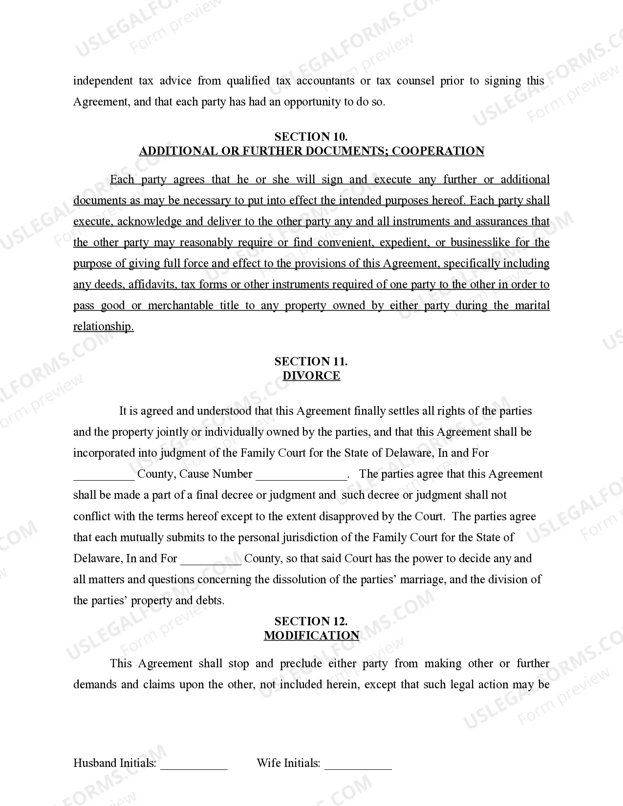 Preview Marital Legal Separation and Property Settlement Agreement for persons with No Children, No Joint Property or Debts where Divorce Action Filed