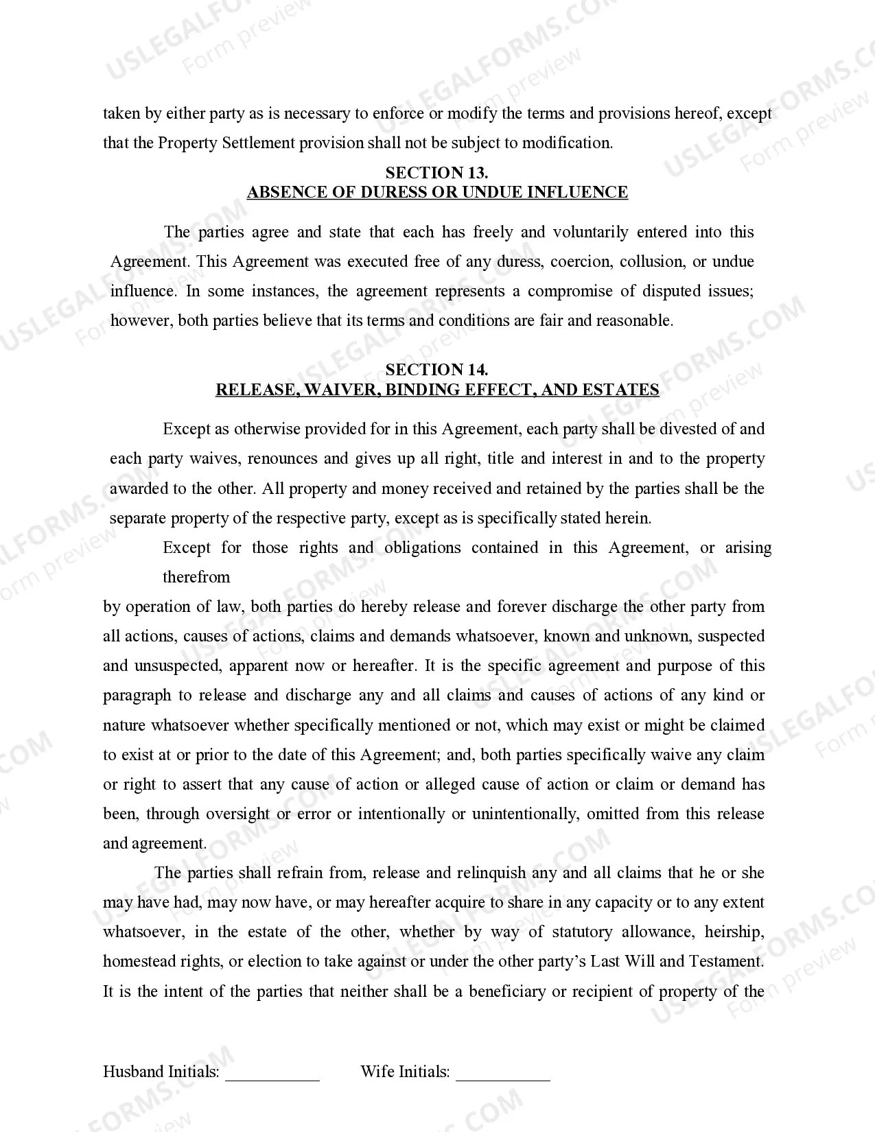 Preview Marital Legal Separation and Property Settlement Agreement for persons with No Children, No Joint Property or Debts where Divorce Action Filed