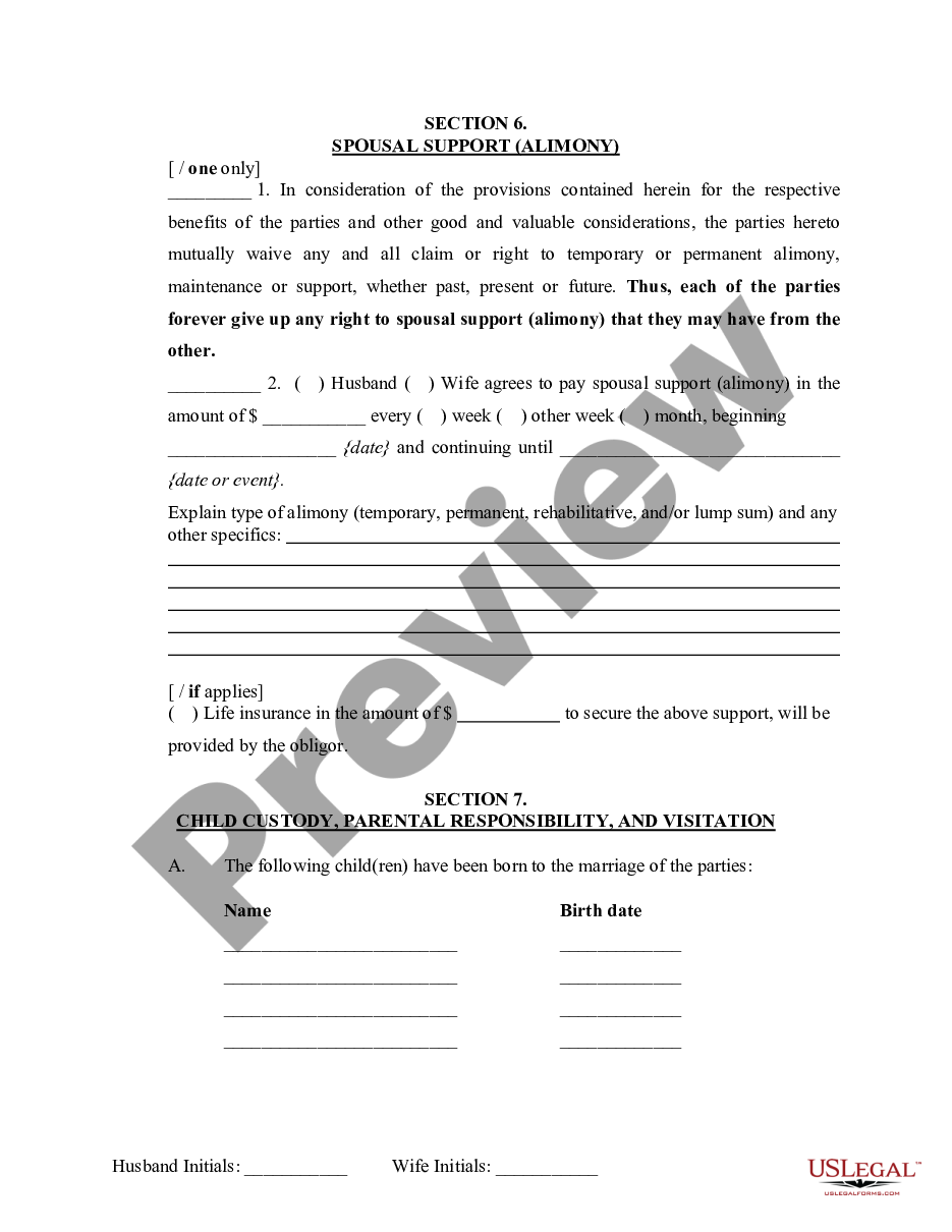 page 6 Marital Legal Separation and Property Settlement Agreement Minor Children no Joint Property or Debts where Divorce Action Filed preview