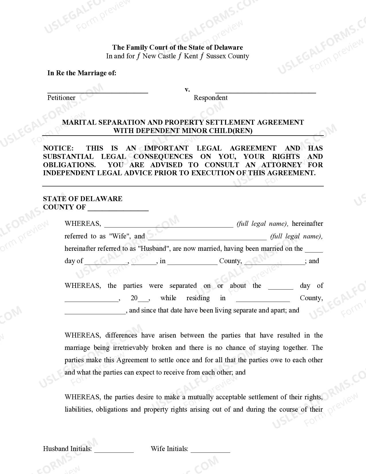 Preview Marital Legal Separation and Property Settlement Agreement Minor Children no Joint Property or Debts where Divorce Action Filed