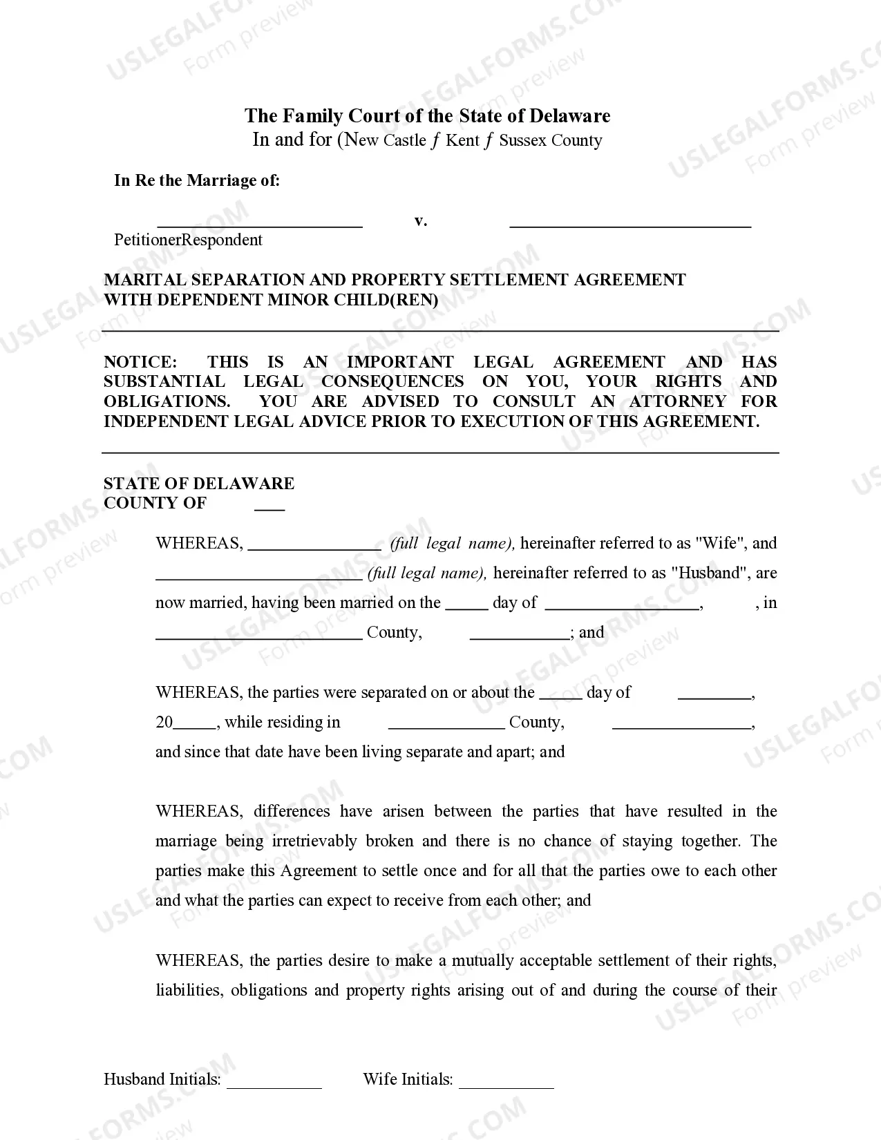 Preview Marital Legal Separation and Property Settlement Agreement Minor Children no Joint Property or Debts effective Immediately