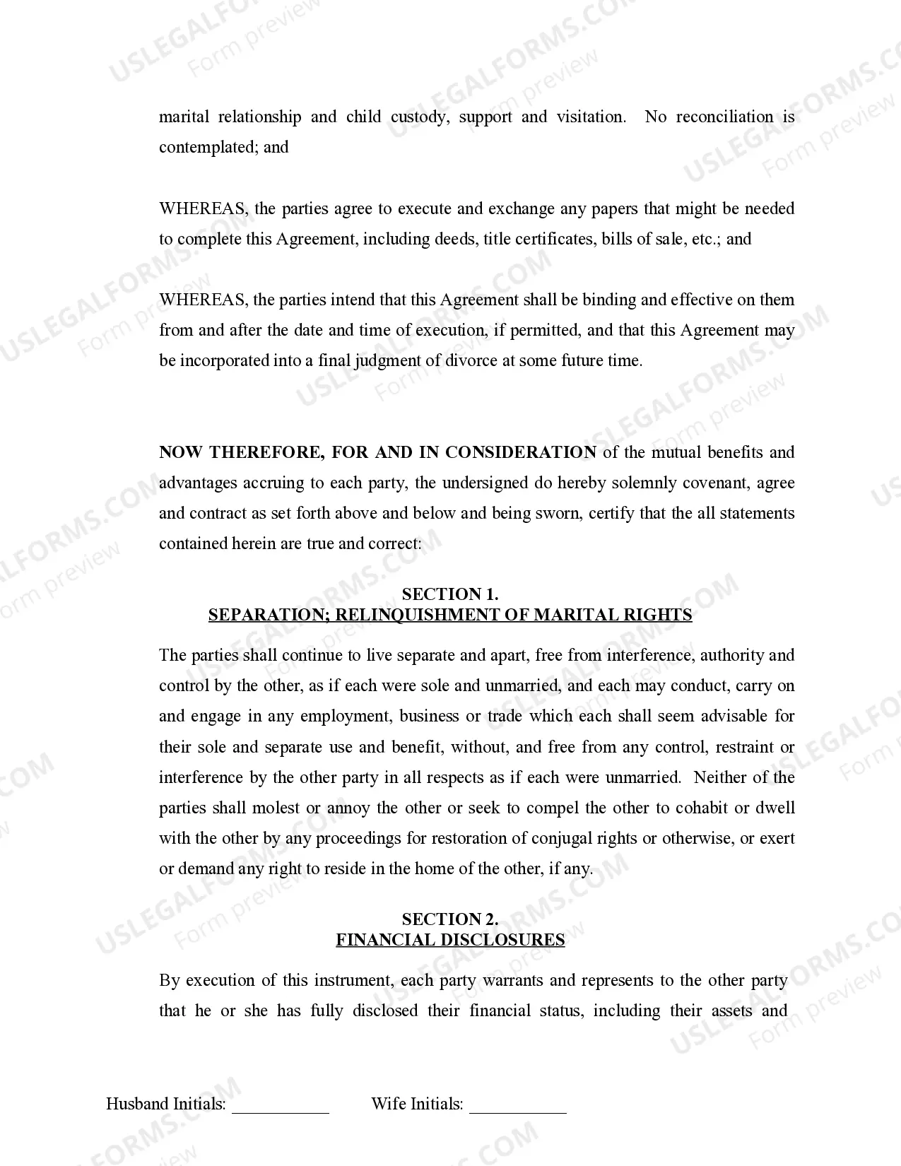 Preview Marital Legal Separation and Property Settlement Agreement Minor Children no Joint Property or Debts effective Immediately