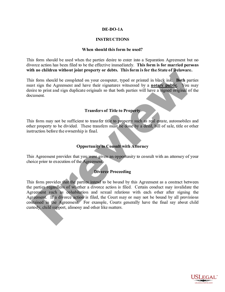 page 0 Marital Legal Separation and Property Settlement Agreement for persons with no Children, no Joint Property, or Debts Effective Immediately preview