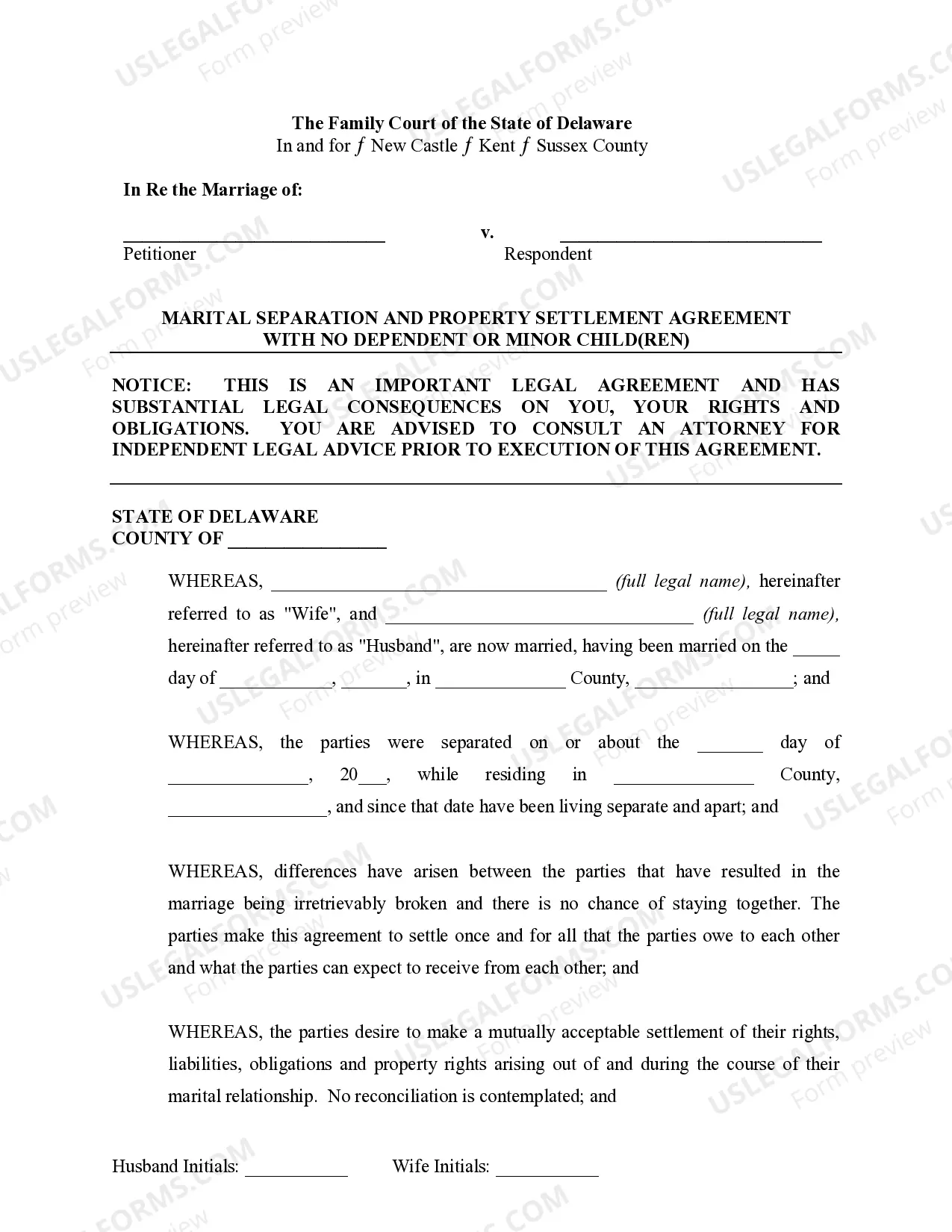 Preview Marital Legal Separation and Property Settlement Agreement no Children parties may have Joint Property or Debts where Divorce Action Filed