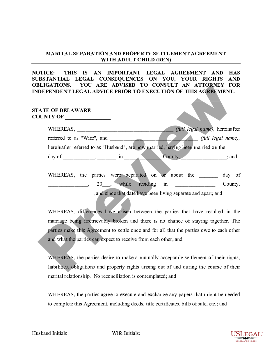 page 1 Marital Legal Separation and Property Settlement Agreement Adult Children Parties May have Joint Property or Debts where Divorce Action Filed preview