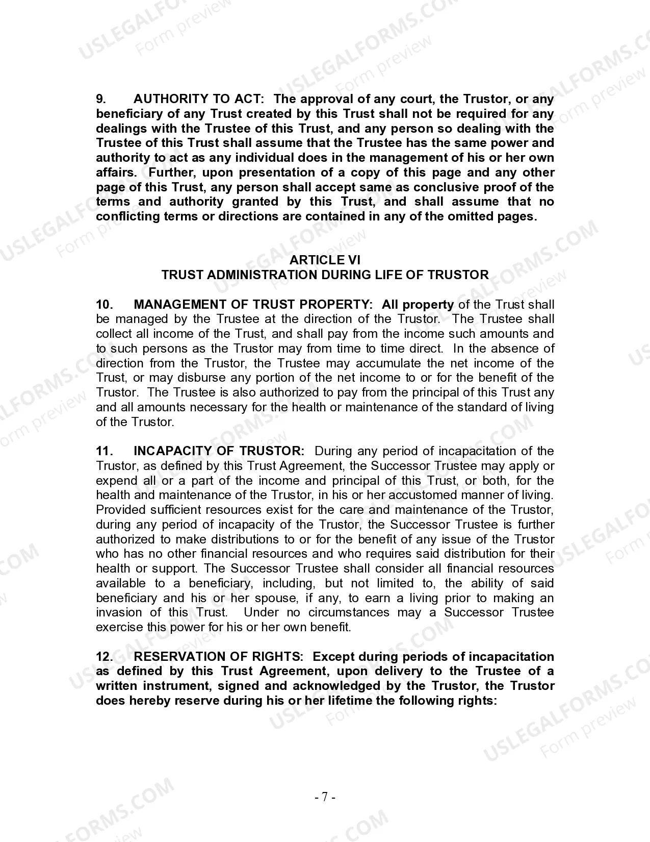 Preview Living Trust for Individual Who is Single, Divorced or Widow or Widower With No Children