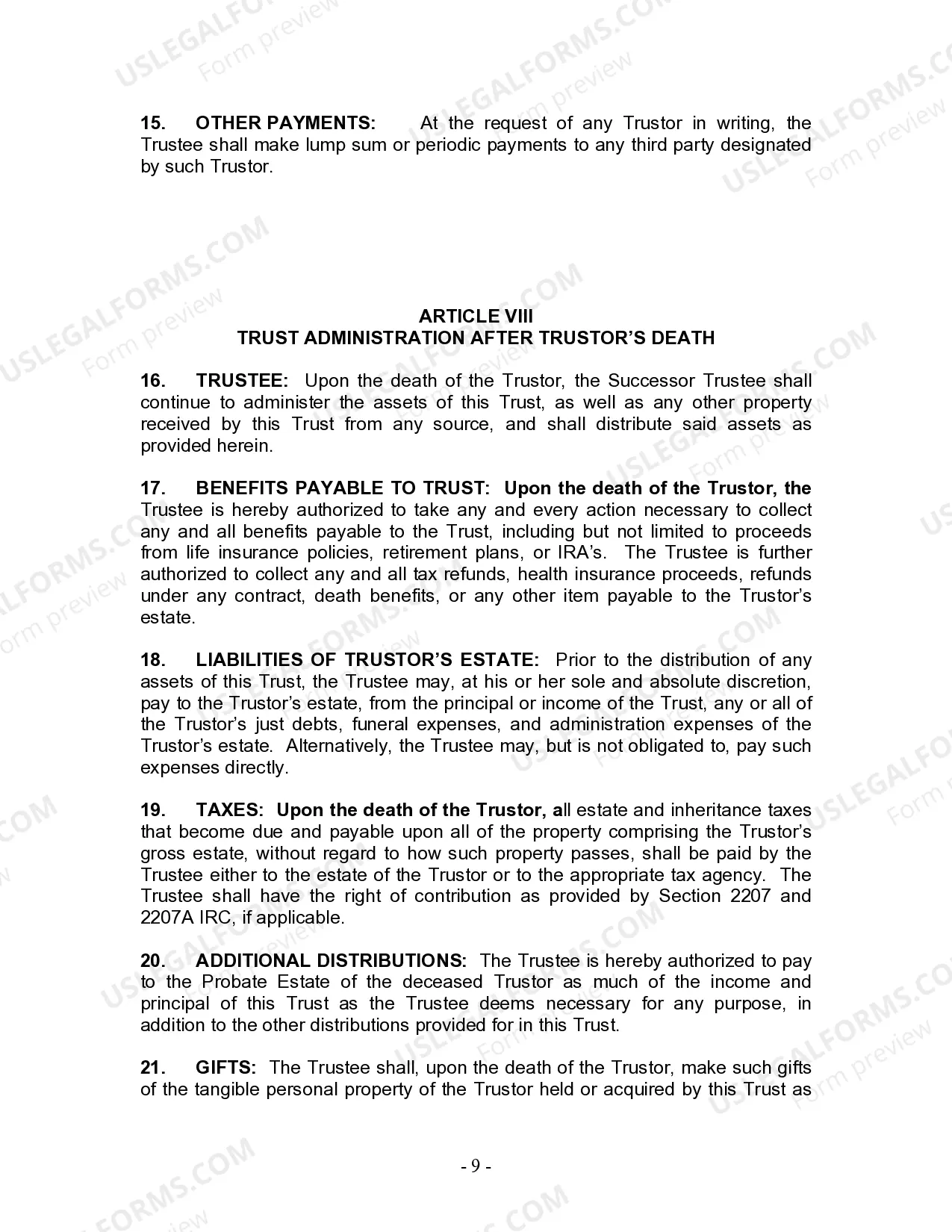 Preview Living Trust for Individual Who is Single, Divorced or Widow or Widower With No Children