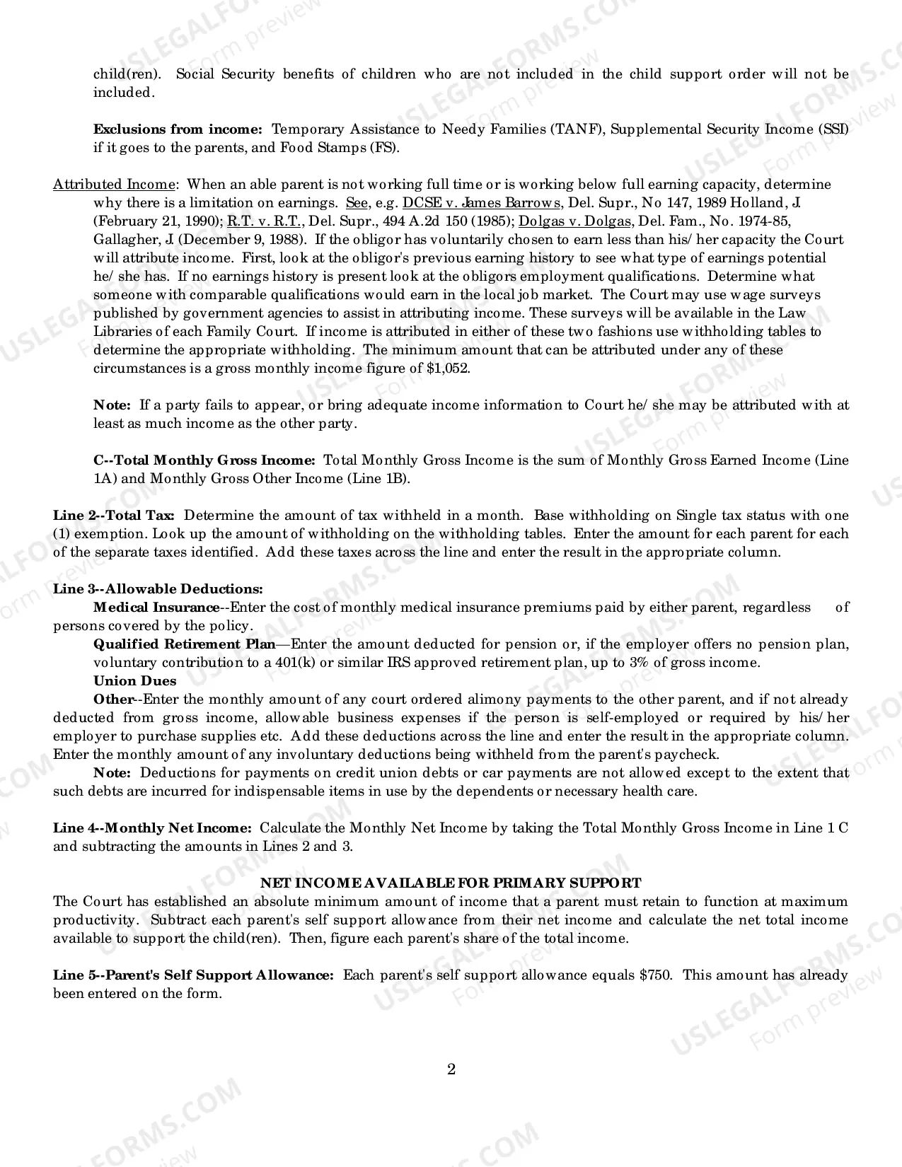 Preview Child Support Calculation Sheet with instructions