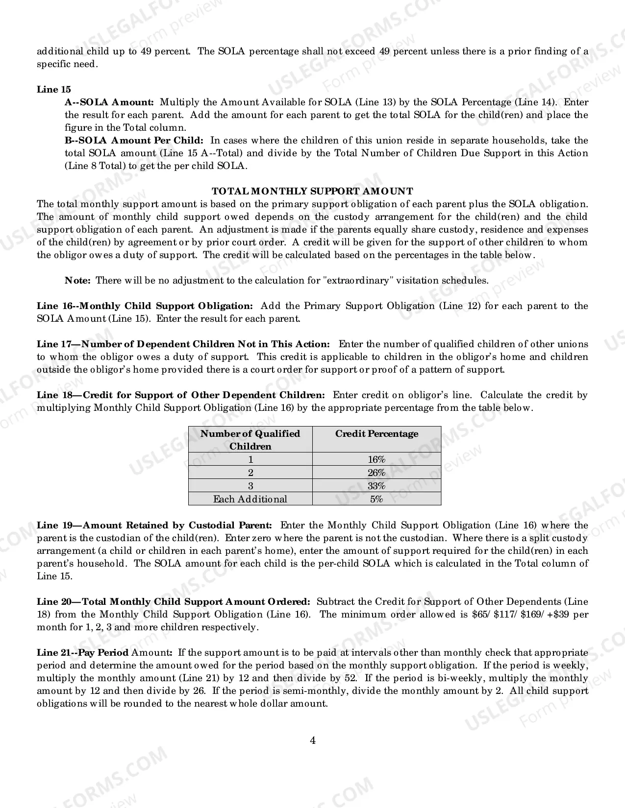 Preview Child Support Calculation Sheet with instructions