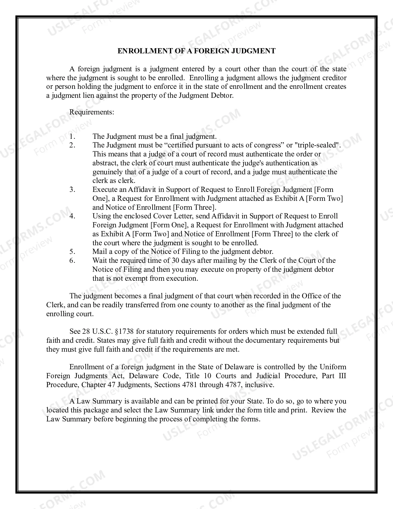 Preview Delaware Foreign Judgment Enrollment