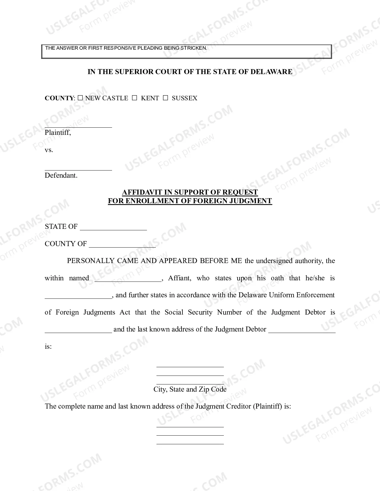 Preview Delaware Foreign Judgment Enrollment